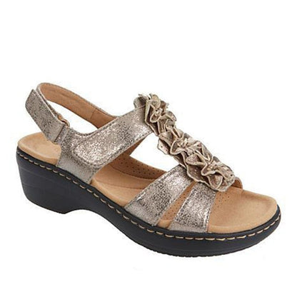 Damen-Sandale, metallic-gold, Leder, Keilabsatz, Riemchen, komfortabel, modisch, Sommer.