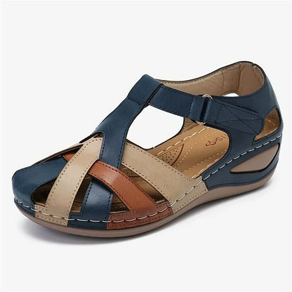 Damen-Sandale, blau-beige-braun, Leder, bequem, Sommer, Freizeit, modisch, rutschfest.