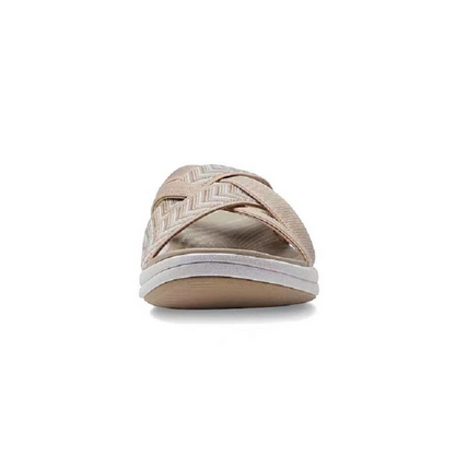 Beige Damen-Sandale mit Zickzackmuster, flache Sohle, bequem, Sommermode, Freizeitschuh.