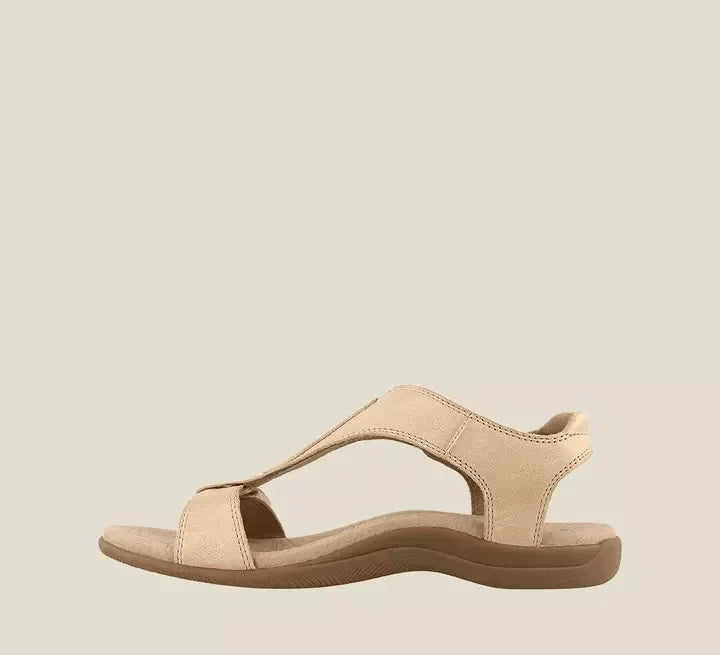 Beige Damen-Sandalen, bequem, casual, Leder, flach, ideal für Sommermode.