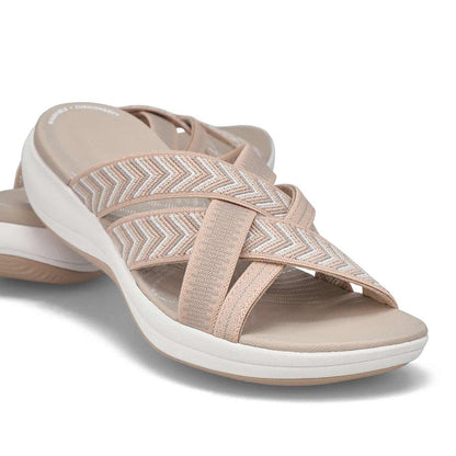 Beige Damen-Sandalen mit Chevron-Muster, rutschfeste Sohle, bequem, ideal für Sommer.