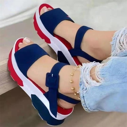 Damen Sandalen blau-rot, Plateau, sportlich, bequem, Sommermode, Freizeit, Knöchelriemen.