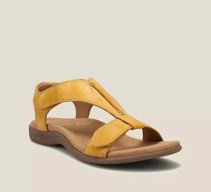 Gelbe Damen-Sandale, bequem, lässig, Leder, rutschfeste Sohle, ideal für Sommer.