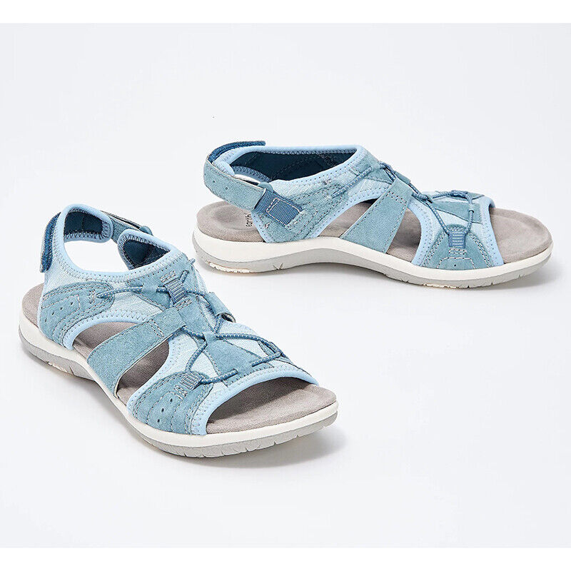 Hellblaue Damen-Sandalen, Leder, sportlich, bequem, Klettverschluss, Sommermode.