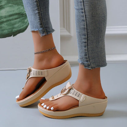 Damen Sandalen Keilabsatz beige, Sommerschuhe, bequem, modisch, Freizeit, rutschfest.
