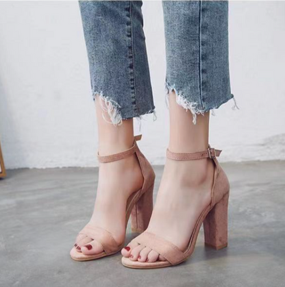 Damen Sandalen mit Blockabsatz, rosa Wildleder, Knöchelriemen, modisch, elegant, Sommermode.