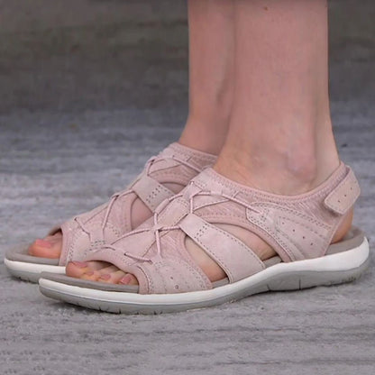 Beige Damen-Sandalen aus Leder, bequem, mit Klettverschluss, ideal für Sommer und Freizeit.