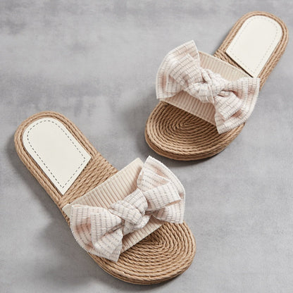 Damen-Sandalen mit Schleife, beige, geflochtene Sohle, Sommermode, bequem, elegant