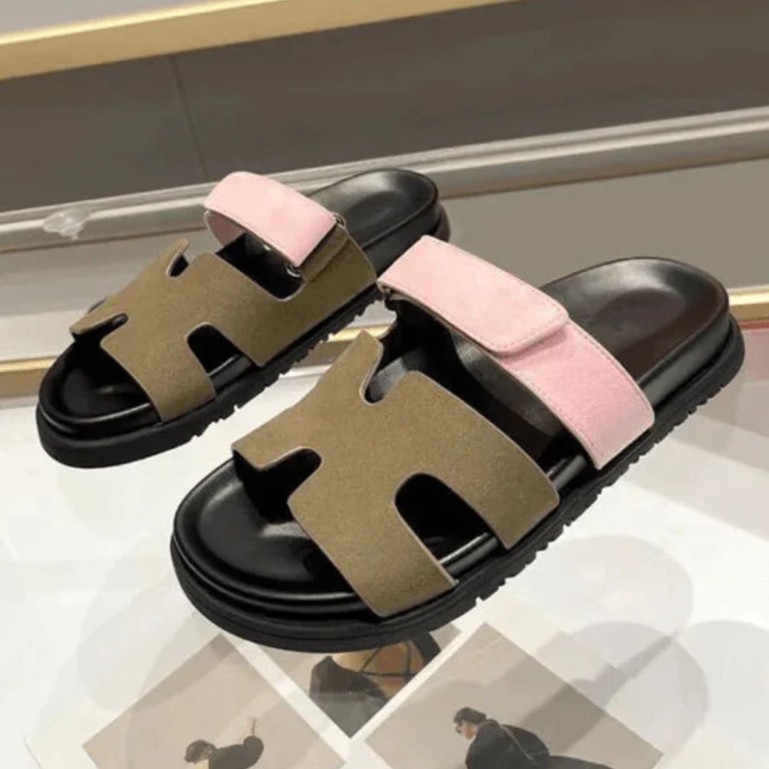 Damen Sandalen, schwarz-rosa, Leder, rutschfest, modisch, bequem, Sommermode.