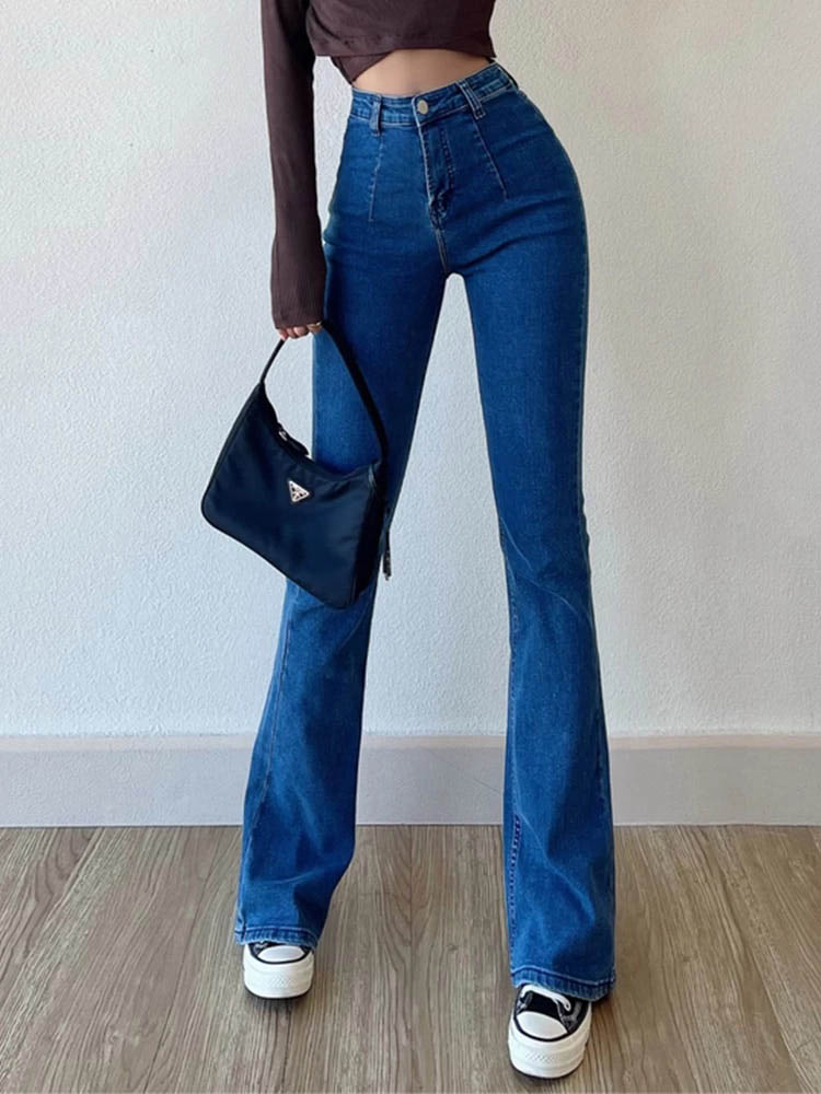 Damenjeans blau, Slim Flared, hoher Bund, lässig, bequem, modisch, Streetwear, Denim.