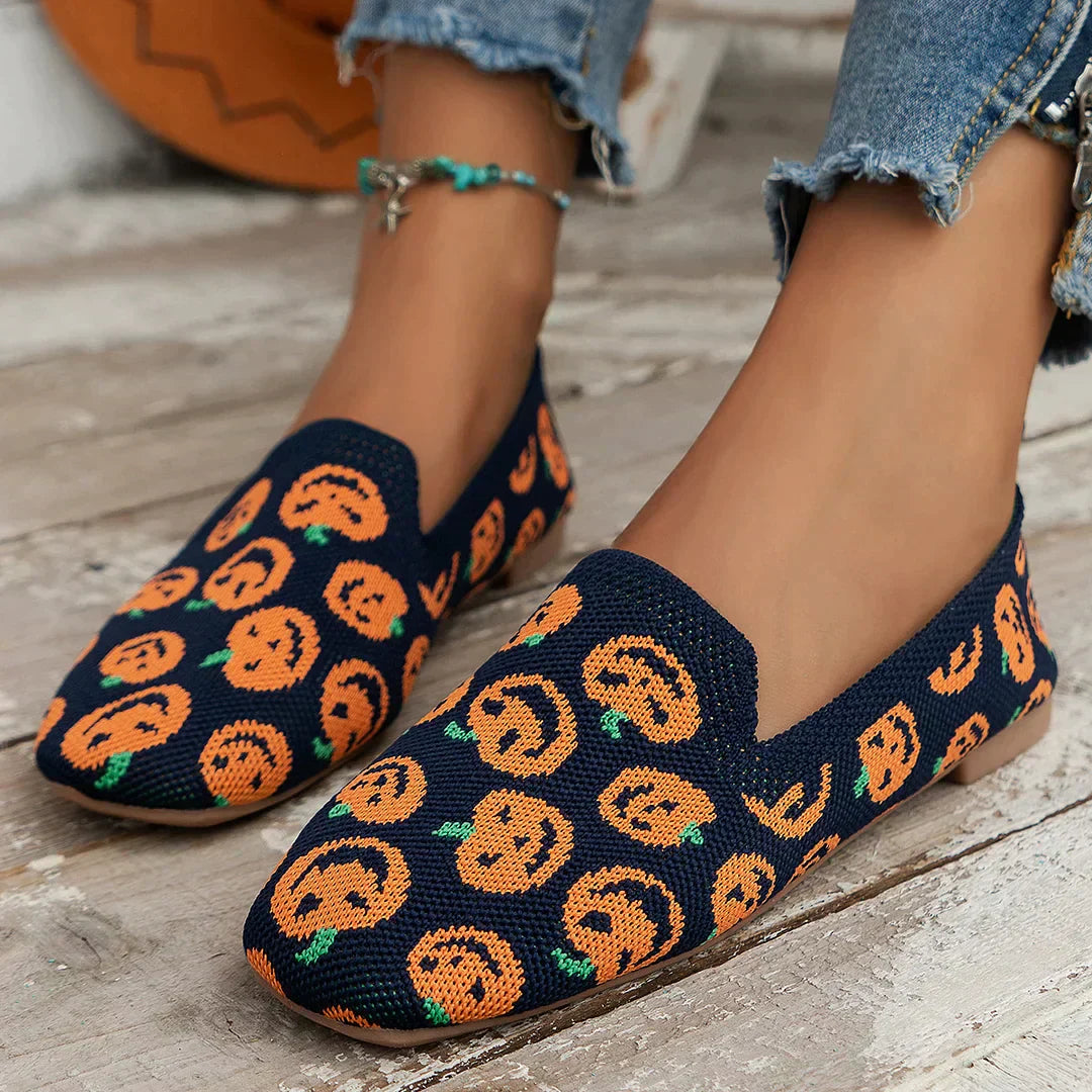 Damen Slipper mit Kürbis-Muster, blau, lässig, Herbstmode, bequeme Freizeitschuhe.