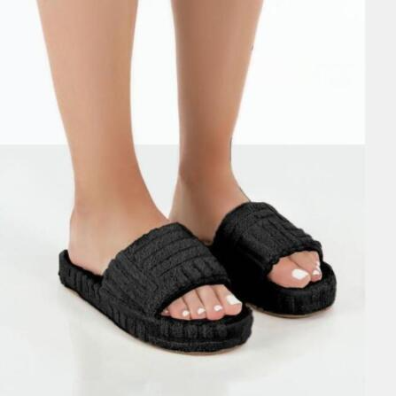 Schwarze Damen-Fellpantoffeln, dicke Sohle, warm, Outdoor, modisch, bequem.