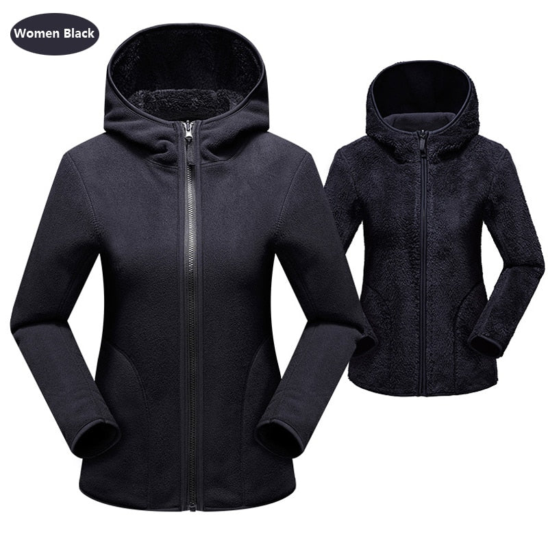 Schwarze Damen-Fleecejacke mit Kapuze, Reißverschluss, warm, Wintermode, Outdoor-Bekleidung.