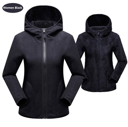 Schwarze Damen-Fleecejacke mit Kapuze, Reißverschluss, warm, Wintermode, Outdoor-Bekleidung.