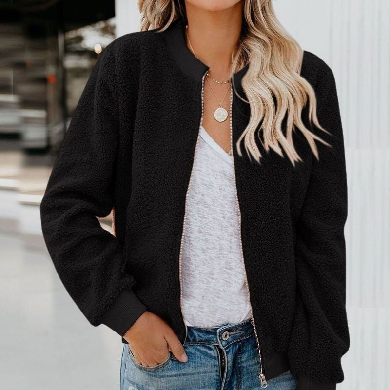 Damen schwarze Fleecejacke, lässig, Reißverschluss, Herbstmode, Streetwear, bequem.