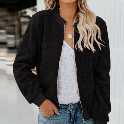 Damen schwarze Fleecejacke, lässig, Reißverschluss, Herbstmode, Streetwear, bequem.