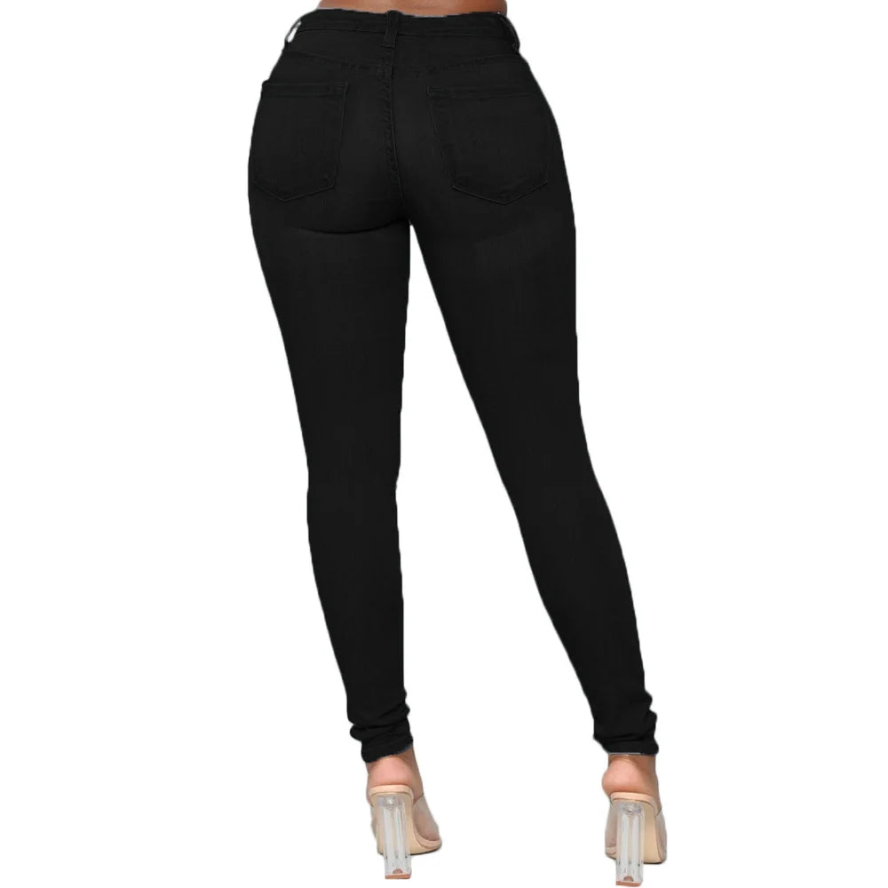 Damen schwarze Skinny-Jeans, hohe Taille, Rückansicht, modisch, figurbetont, elastisch.