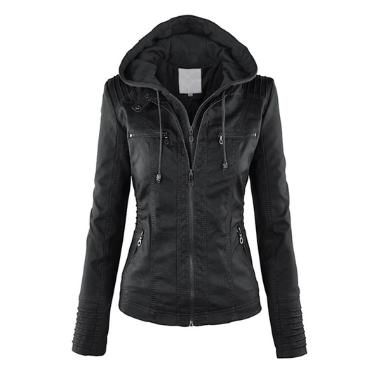 Damen Lederjacke schwarz mit Kapuze, Reißverschlüsse, modisch, Herbstbekleidung, elegant.