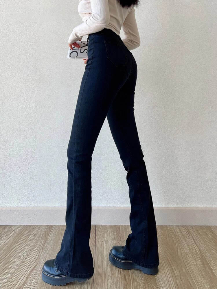Damenjeans, schwarz, Slim Flared, Casual, bequem, modisch, hohe Taille, Streetwear.