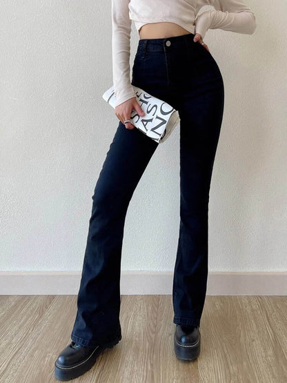 Damenjeans schwarz, Slim Flared, hoher Bund, lässig, bequem, Mon Ami, Mode, Streetwear.
