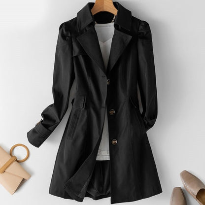 Schwarzer Damenmantel, elegant, knielang, mit Knöpfen, ideal für Herbstmode, vielseitig einsetzbar.
