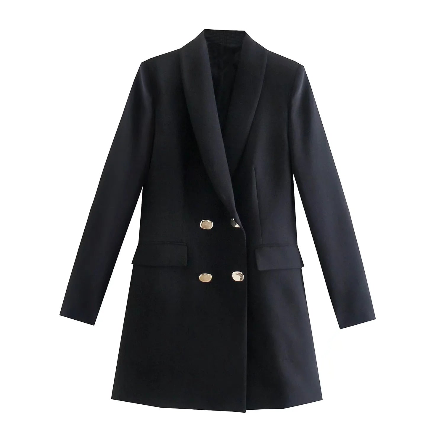 Schwarzer Damenblazer, zweireihig, mit goldenen Knöpfen, elegantes Design, Businessmode.
