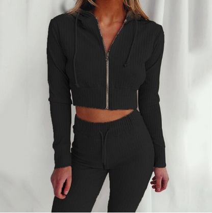 Damen-Sportanzug, schwarz, gerippt, Kapuzenjacke mit Reißverschluss, Jogginghose, Freizeitmode
