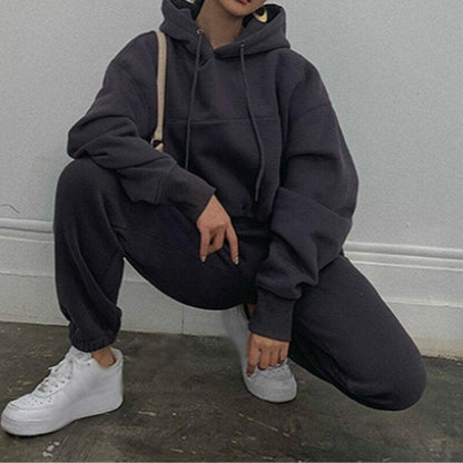 Dunkelgrauer Hoodie und Jogginghose Set, Damenmode, Freizeitkleidung, bequeme Passform