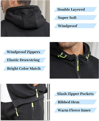 Schwarze Herrenjacke mit Kapuze, winddicht, doppellagig, Reißverschlusstaschen, elastischer Kordelzug.