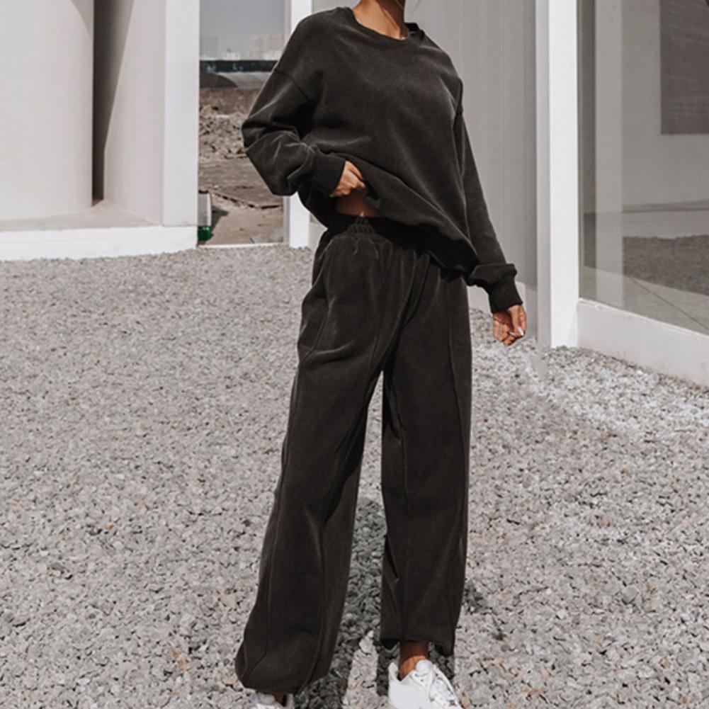 Damen-Sweatshirt und Jogginghose Set, schwarz, lässig, bequem, Freizeitkleidung, Outdoor.