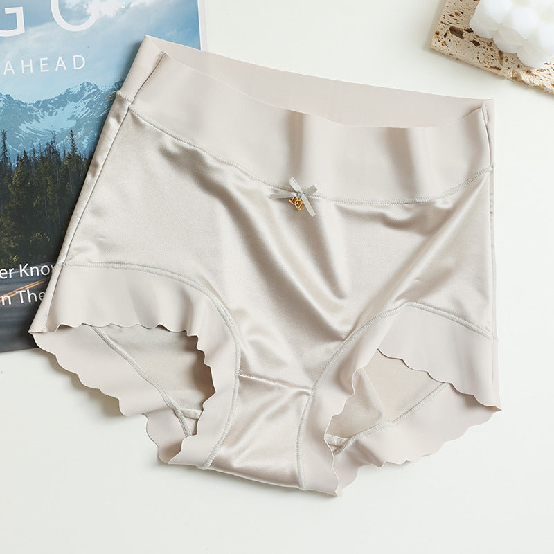 Damen Seamless Unterhose, beige, Satin, mit Schleife, bequeme Passform, nahtloser Slip.