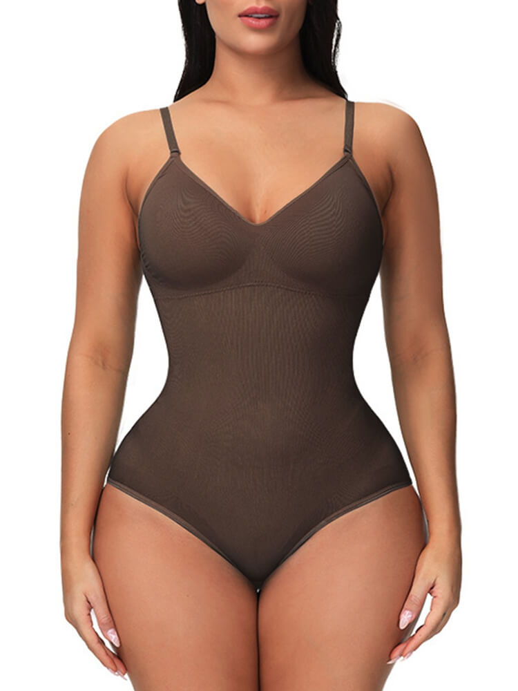 Brauner Shapewear-Body für Damen, nahtlos, figurformend, verstellbare Träger.