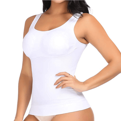 Weiße Damen Shapewear Tanktop, nahtlos, figurformend, ärmellos, elastisch, bequem.
