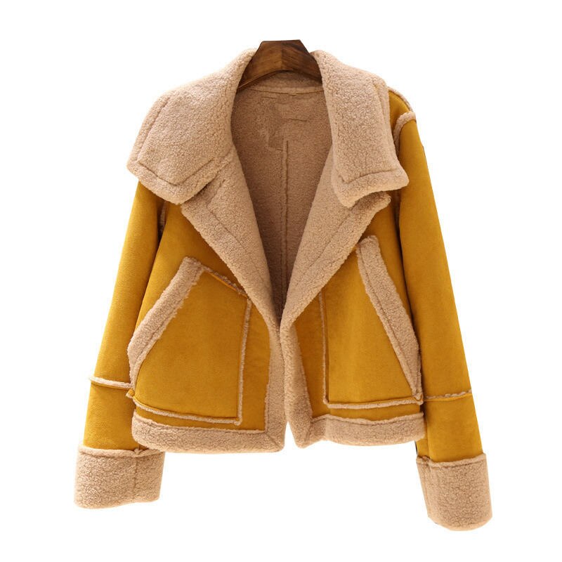 Gelbe Damenjacke aus Kunstleder mit Lammfellfutter, modisch, warm, Herbst-Wintermantel.