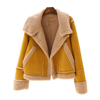Gelbe Damenjacke aus Kunstleder mit Lammfellfutter, modisch, warm, Herbst-Wintermantel.