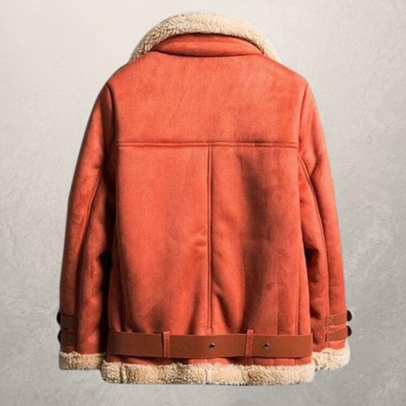 Rote Herren-Lederjacke mit Fellkragen, Vintage-Stil, warm, modisch, Winterbekleidung.