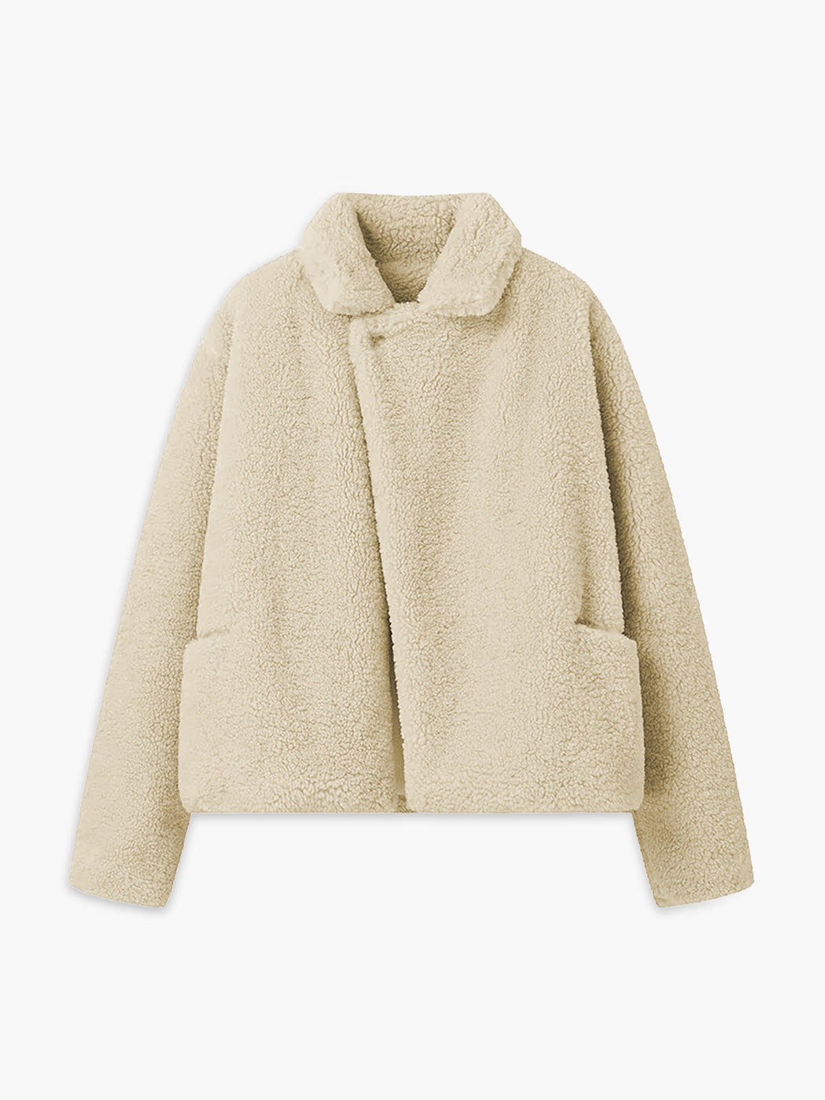 Beige Damen Teddyjacke, kuschelig, modisch, Wintermantel, warm, weiches Material, elegant.