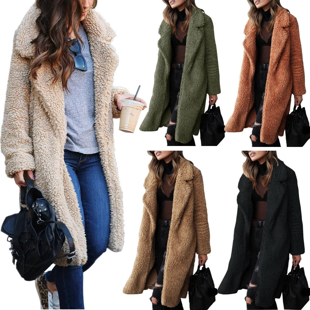 Damen Teddy-Mantel, flauschig, beige, grün, braun, schwarz, Wintermode, warm, stylisch.