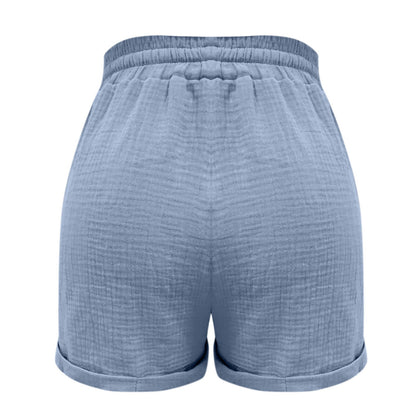 Hellblaue Damen-Shorts aus Baumwolle, elastischer Bund, Sommermode, bequem und stilvoll.