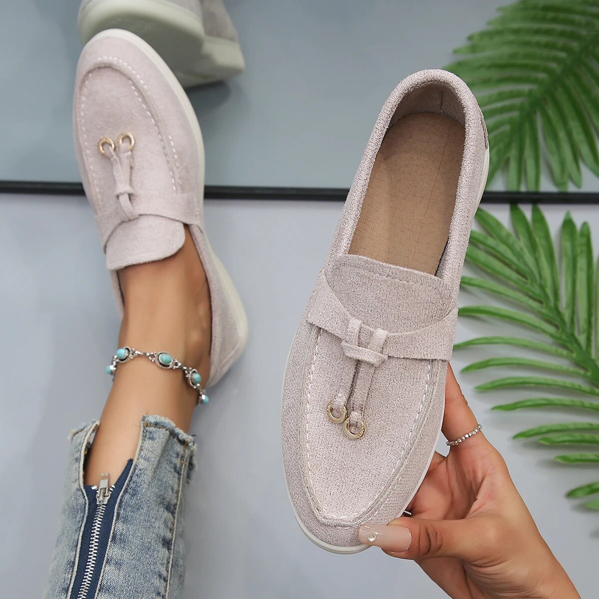 Damen Loafers, beige, Leder, Slip-On, casual, Frühling Herbst, hohe Qualität, modisch.