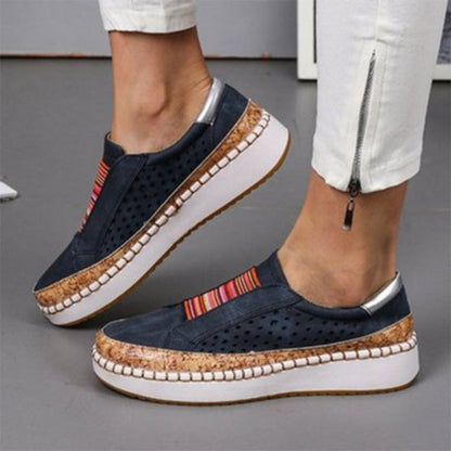 Damen Sneaker, blau, Plateau, Korksohle, gestreifte Details, modisch, bequem, Freizeitschuh.