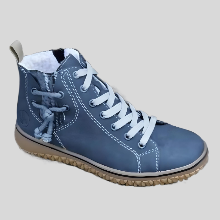 Blaue Damenstiefelette, Leder, Schnürung, rutschfeste Sohle, modisch, bequem, Herbstschuh.