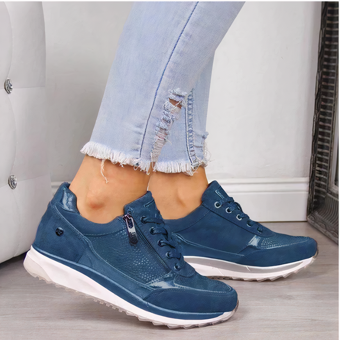 Damen Sneaker blau Leder, sportlich, bequem, modisch, Jeans, Freizeit, rutschfeste Sohle
