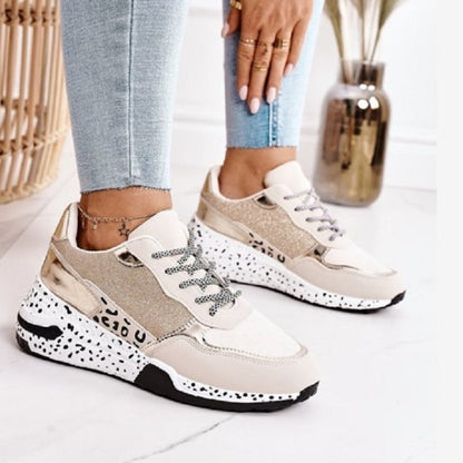 Damen-Sneaker beige-gold, Glitzer, gepunktete Sohle, modisch, Freizeit, bequem, trendy.
