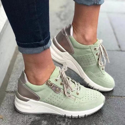 Damen Sneaker grün beige, Leder, Plateau, sportlich, bequem, modisch, Freizeit, Straßenmode.