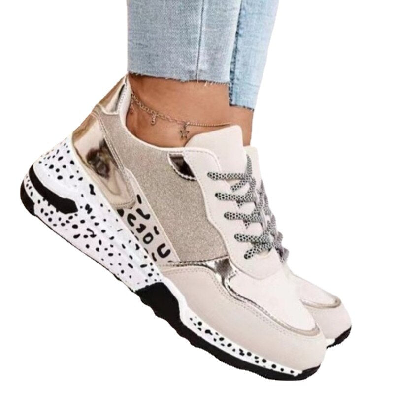 Damen-Sneaker, beige, Glitzer, Leopardenmuster, Plateau, modisch, bequem, Freizeitschuh.