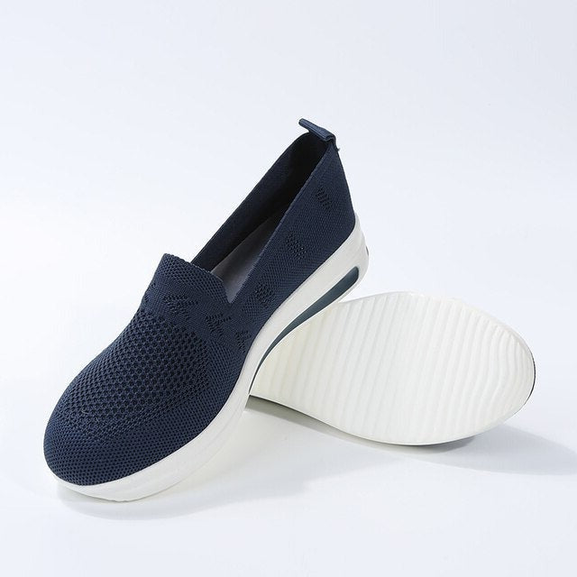 Dunkelblaue Damen-Sneaker, atmungsaktives Gewebe, Plattformsohle, modisch, Größe 43.