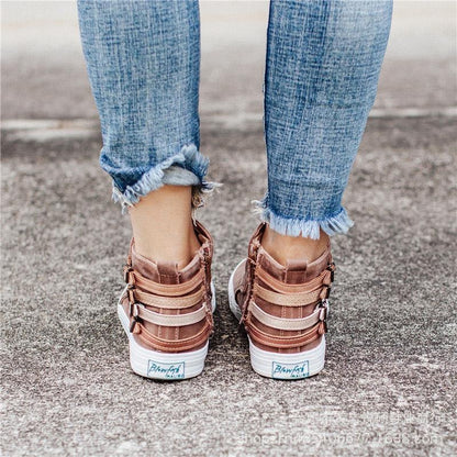 Damen Sneaker, braun, Leder, dreifache Schnallen, lässig, modisch, Jeans, Straße