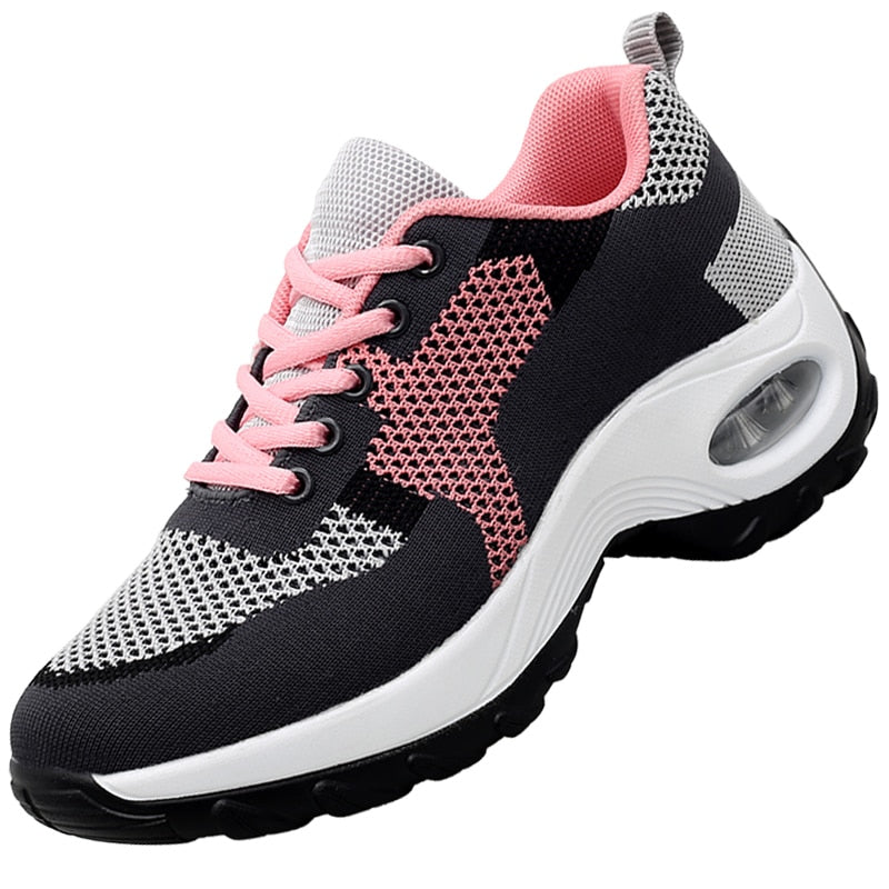 Schwarzer und rosa Damen-Sneaker, atmungsaktiv, mit Luftpolstersohle.