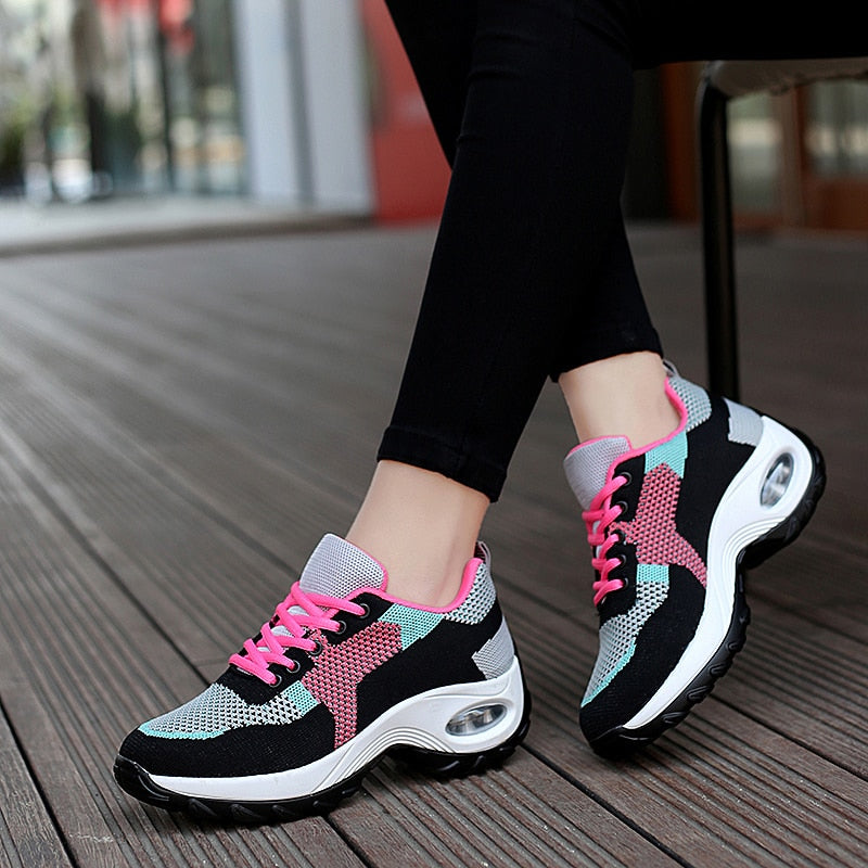 Damen Sneaker, schwarz-pink, atmungsaktiv, Sportschuhe, modisch, bequem, Freizeit, Laufen.